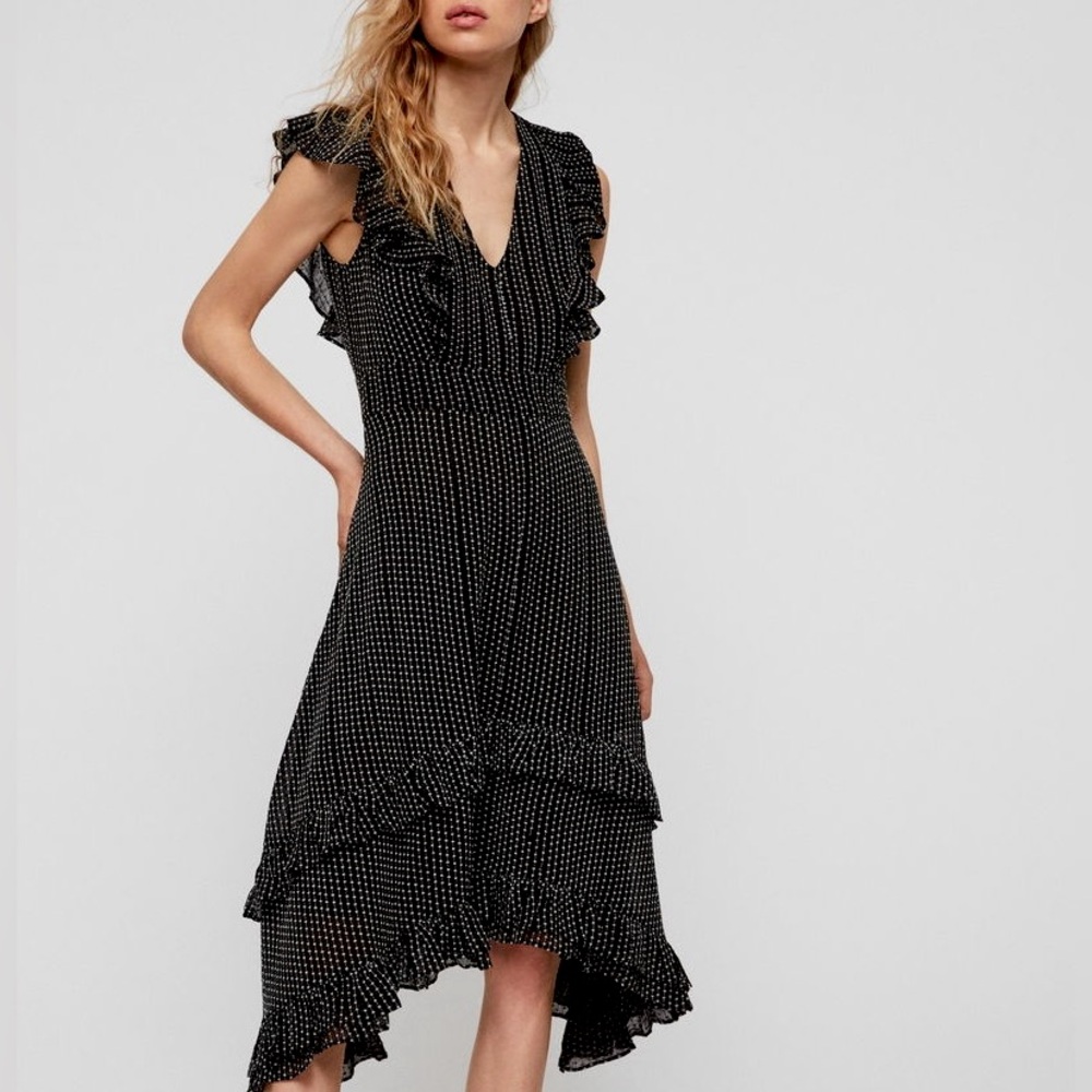 AllSaints - Evia Ruffle midi knee length dress with embroidery pattern
